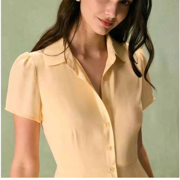 NWOT Rihoas Yellow Button Down Shirt Mini Dress - Picture 2 of 7